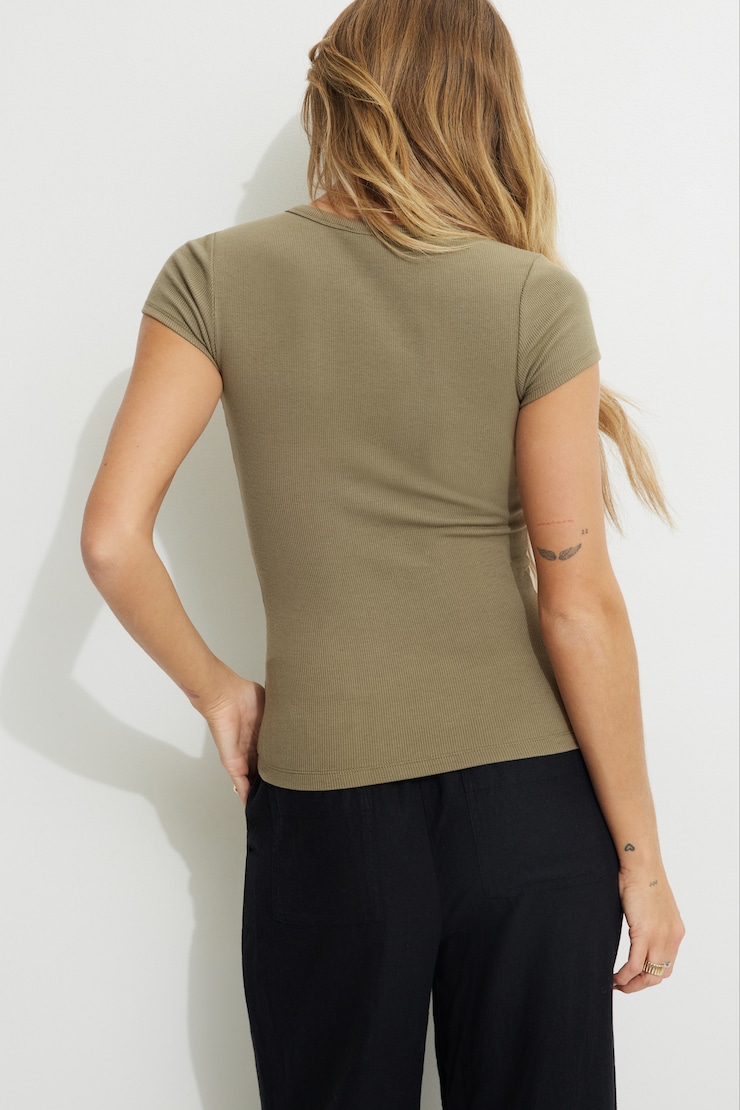 Olive Ribbed Crewneck T Shirt