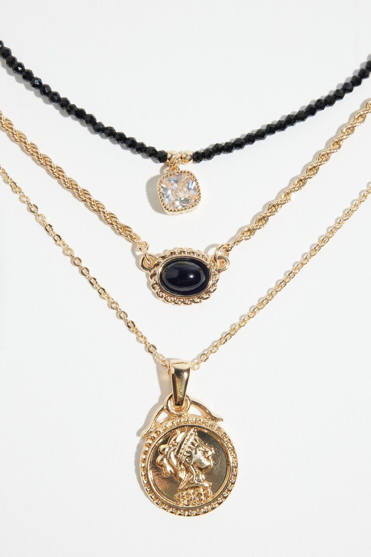 3-Pack Medallion & Glass Bead Necklaces Clear/Gold/Black large
