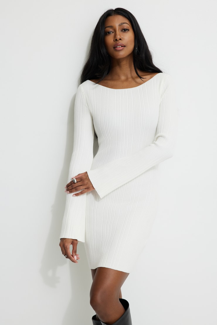 Ribbed Boat Neck Mini Sweater Dress Beige | Dynamite