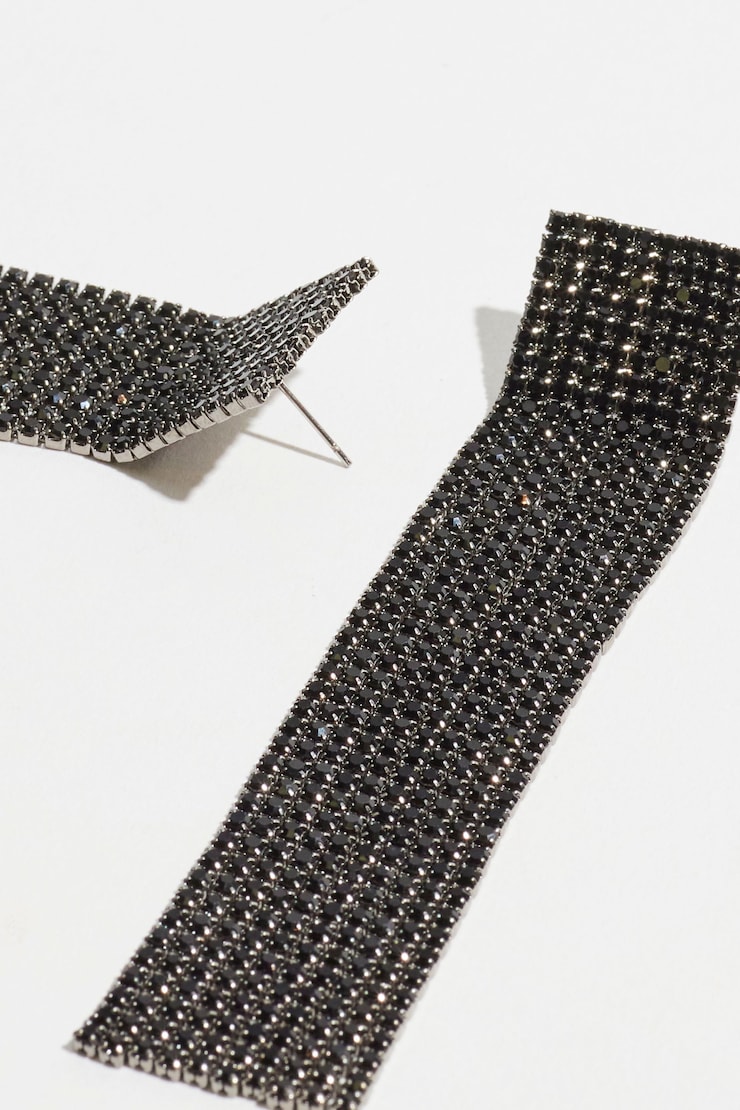 Boucles d’oreilles carrées à franges et pierres du Rhin Noir/argent large