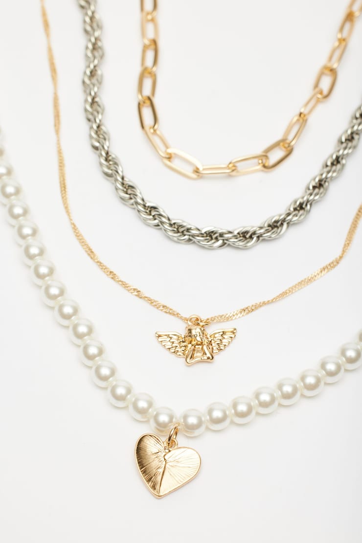 Set of 4 Pearl, Heart & Angel Charm Necklaces, Off White & Gold, large