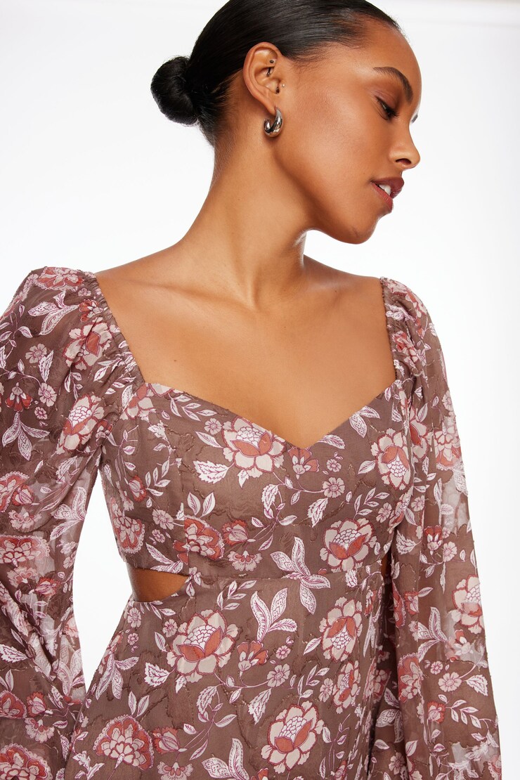 Long Sleeve Flare Mini Dress Taupe & Rose Floral  large
