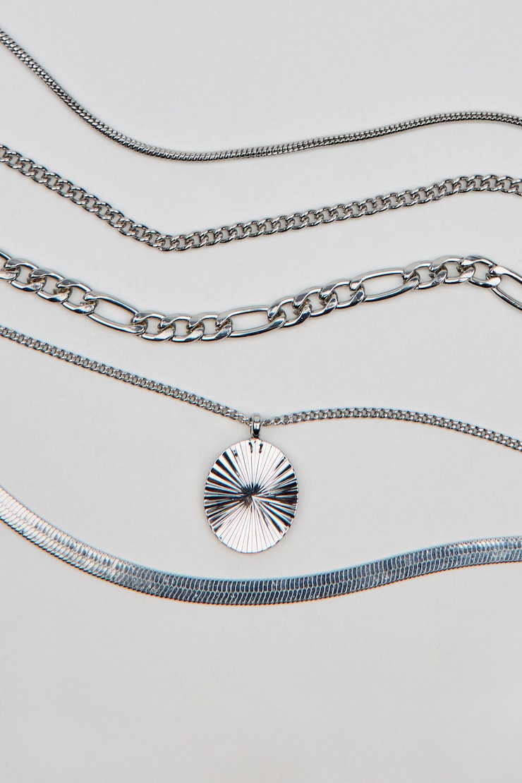 Set of 5 Clean Diamond Cut Oval Necklaces, Silver, large