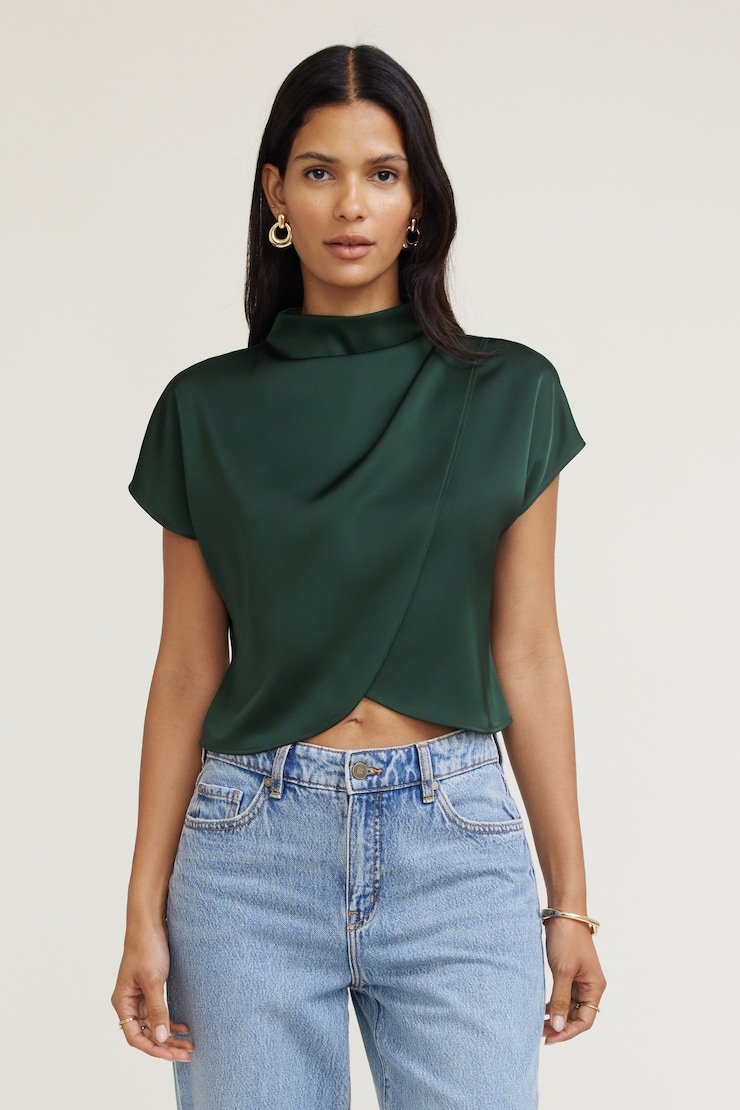 Ella Layered Satin Blouse Scarab Green large