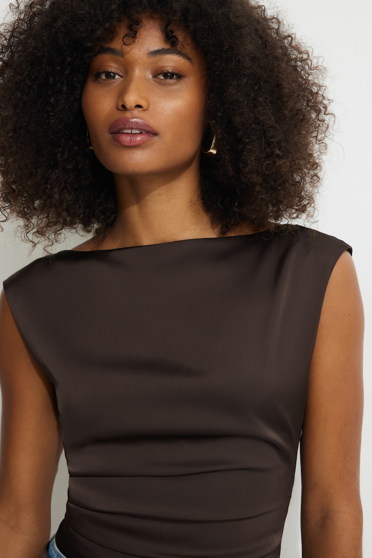 Draped Satin Top Brown | Dynamite