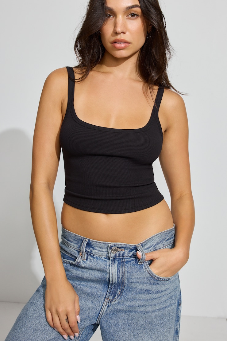 Ribbed Scoop Cami Top, Jet Black, large
