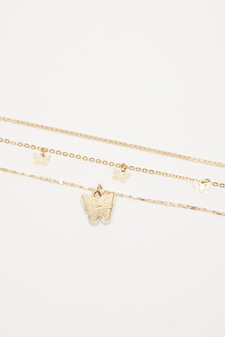 Ensemble de 3 colliers avec mini papillons, Or, large
