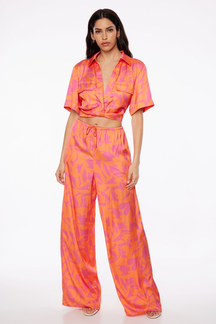 Santina Satin Wide Leg Pants  Orange Abstract Floral  large