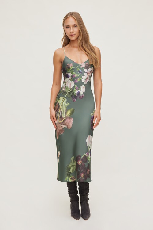 floral satin maxi dress dynamite Aimee V Neck Maxi Dress Gray