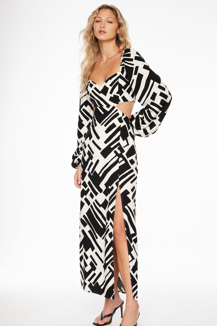 Long Sleeve Cut Out Maxi Dress Black & White Abstract Print large
