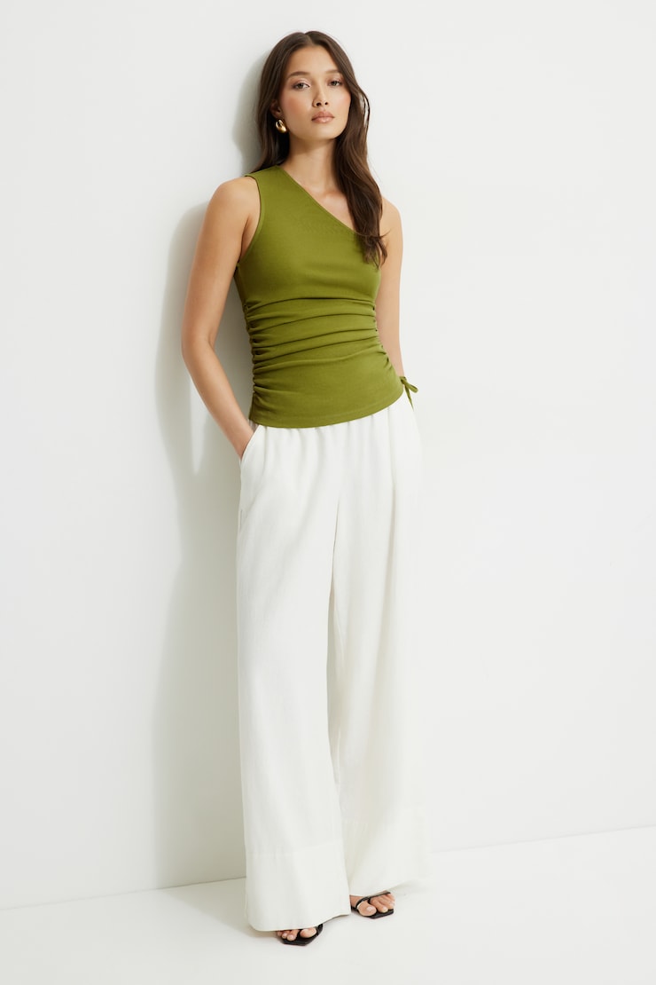 Beaded Drawstring Single Shoulder Jersey Top Guacamole Green large