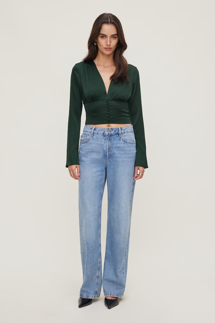 Draped V Neck Satin Blouse Green | Dynamite
