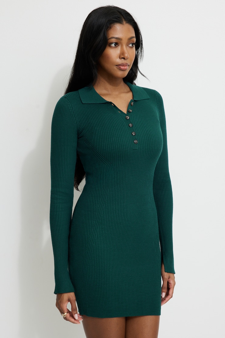Ribbed Mini Sweater Polo Dress Ponderosa Pine large