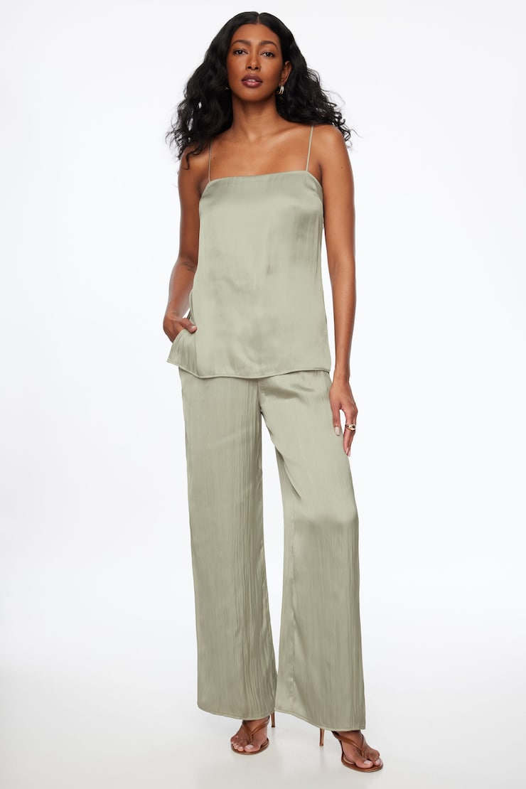 Crinkled Wide Leg Satin Pants Matcha Green large