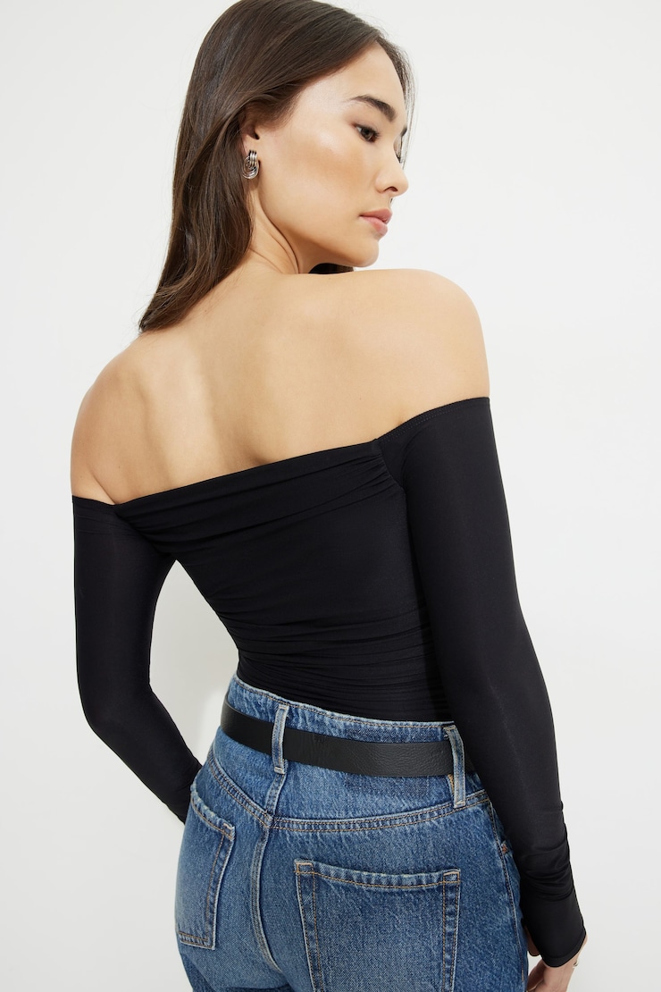 Ruched Off Shoulder Jersey Bodysuit Jet Black large