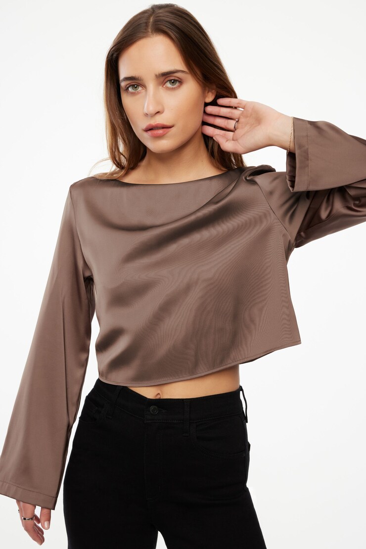 Gianna Crewneck Satin Blouse Deep Taupe large