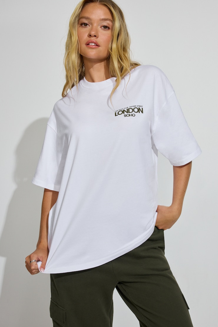 Oversized Boyfriend Tee, Bright White with "London" Art, large
