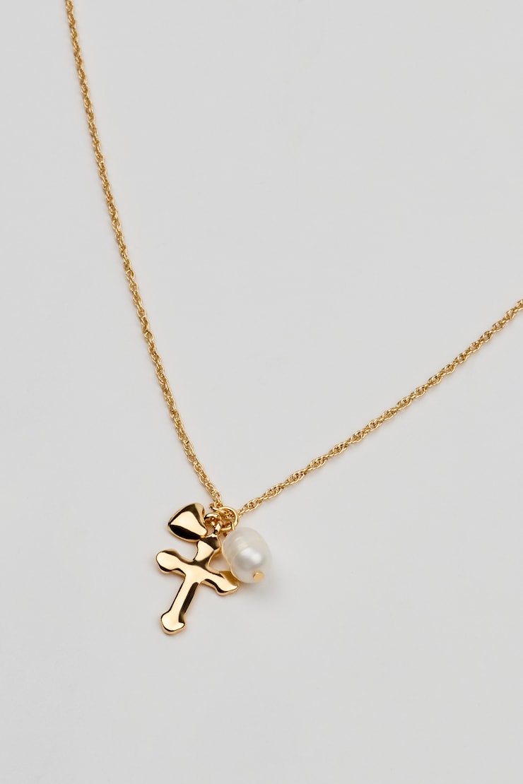 Cross, Pearl, & Heart Necklace, Off-White/Gold, large