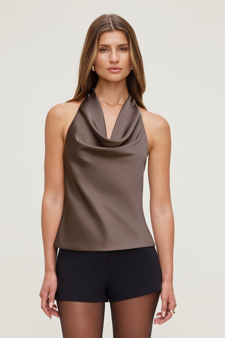 Camila Satin Cowl Halter Neck Blouse Iron Taupe large