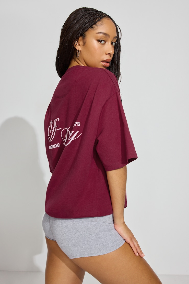 Oversized Boyfriend Tee, Sour Cherry Burgundy with "Off-Duty" Art, large