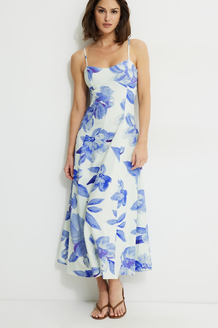 Robe maxi Belle à col en cœur Fleurs bleues peintes large