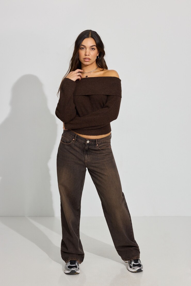 Cozy Loose Off Shoulder Sweater, French Roast Brown Melange, large