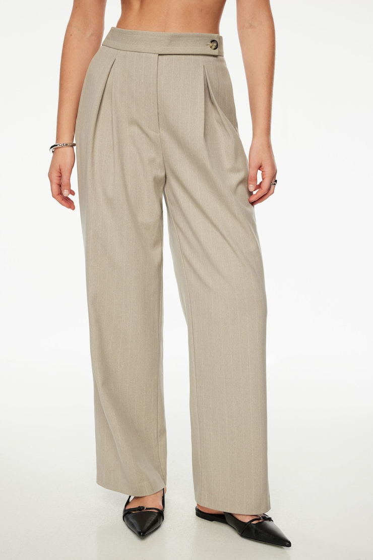 Pleated Pinstripe Wide Leg Pants Beige Pinstripe large