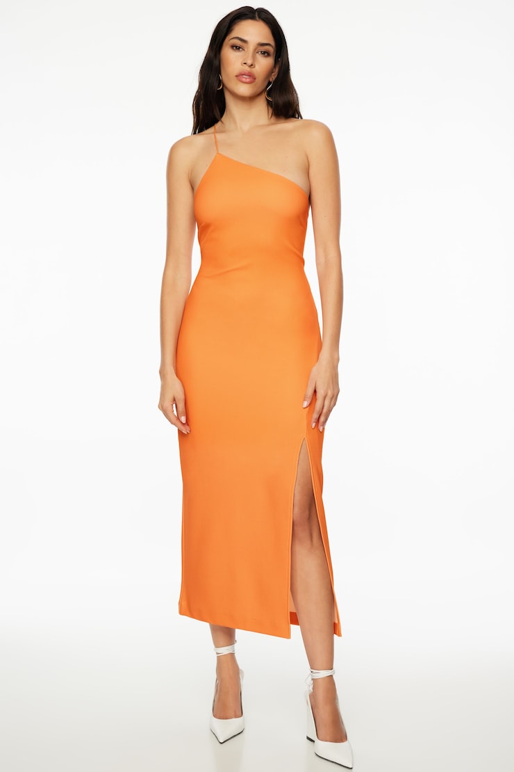 Asymmetrical Open Back Midi Dress Orange | Dynamite Asymmetrical Open Back Midi Dress Orange | Dynamite