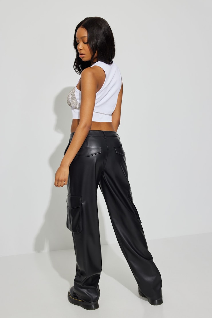 Faux Leather Cargo Pant, Jet Black, large