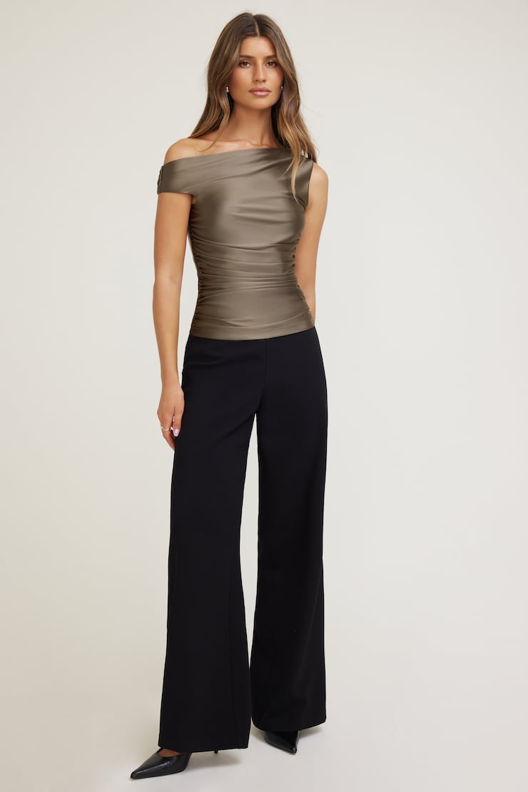 Off Shoulder Stretch Satin Top Brown | Dynamite