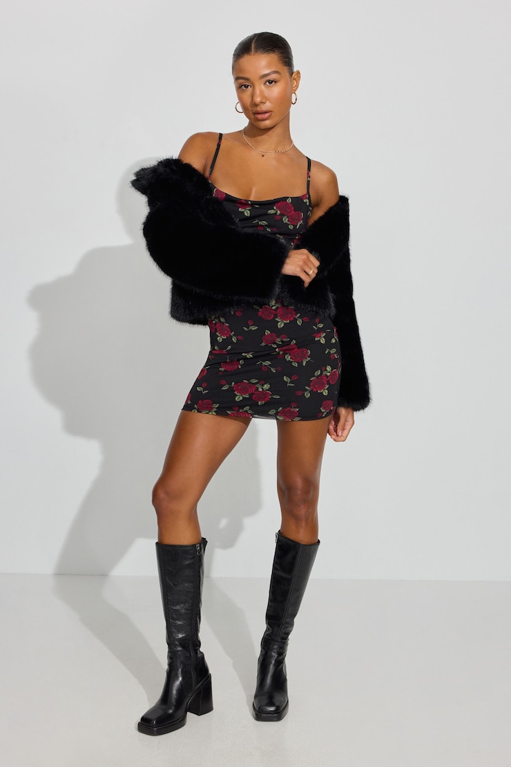 Nikky Cutout Mini Dress, Black/Red Rose Print, large
