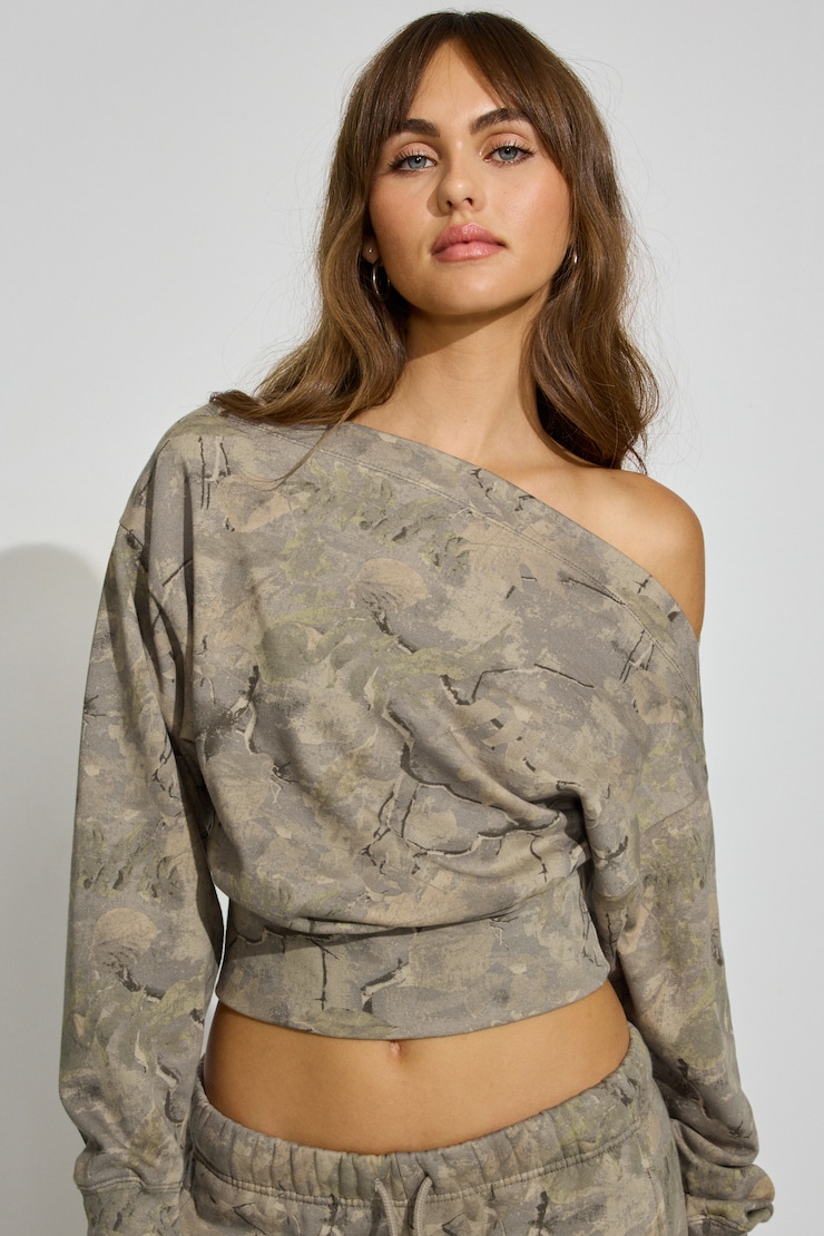 SoftTerry Rib Off Shoulder Sweater, Camo, large