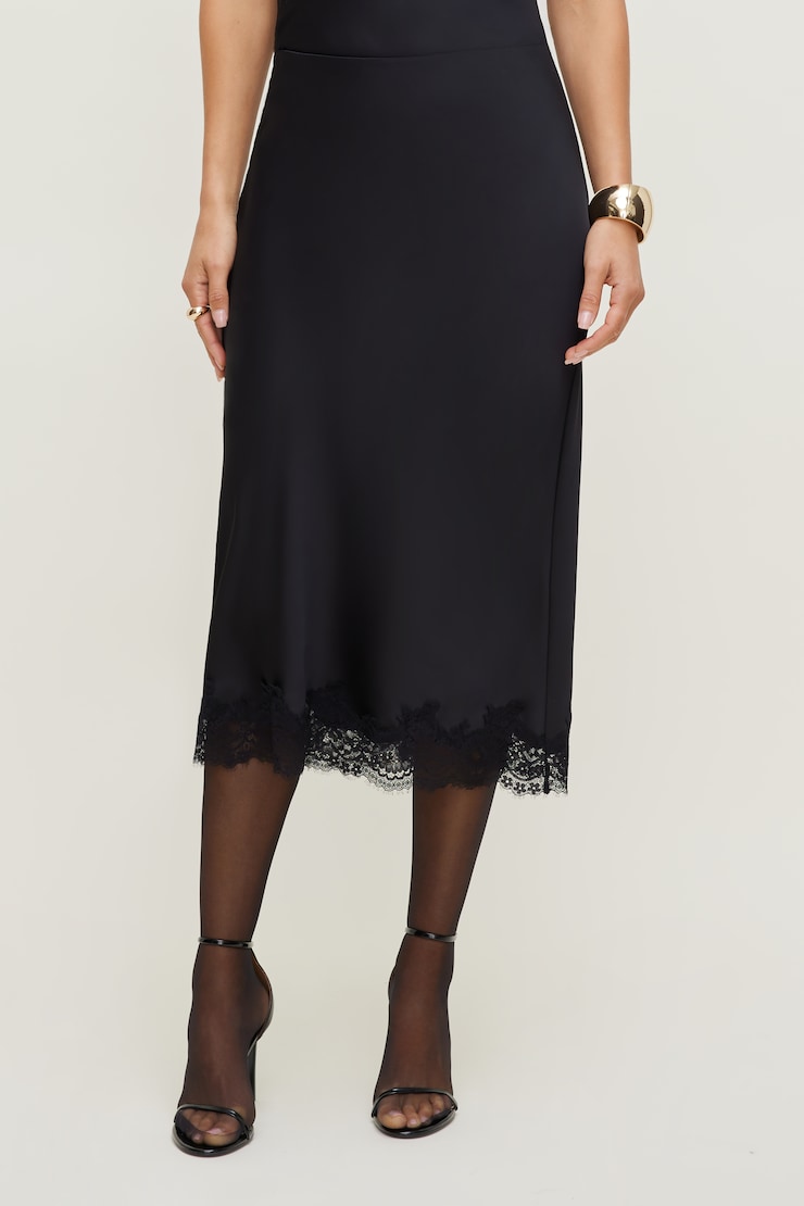 Lace Satin Midi Skirt Jet Black large