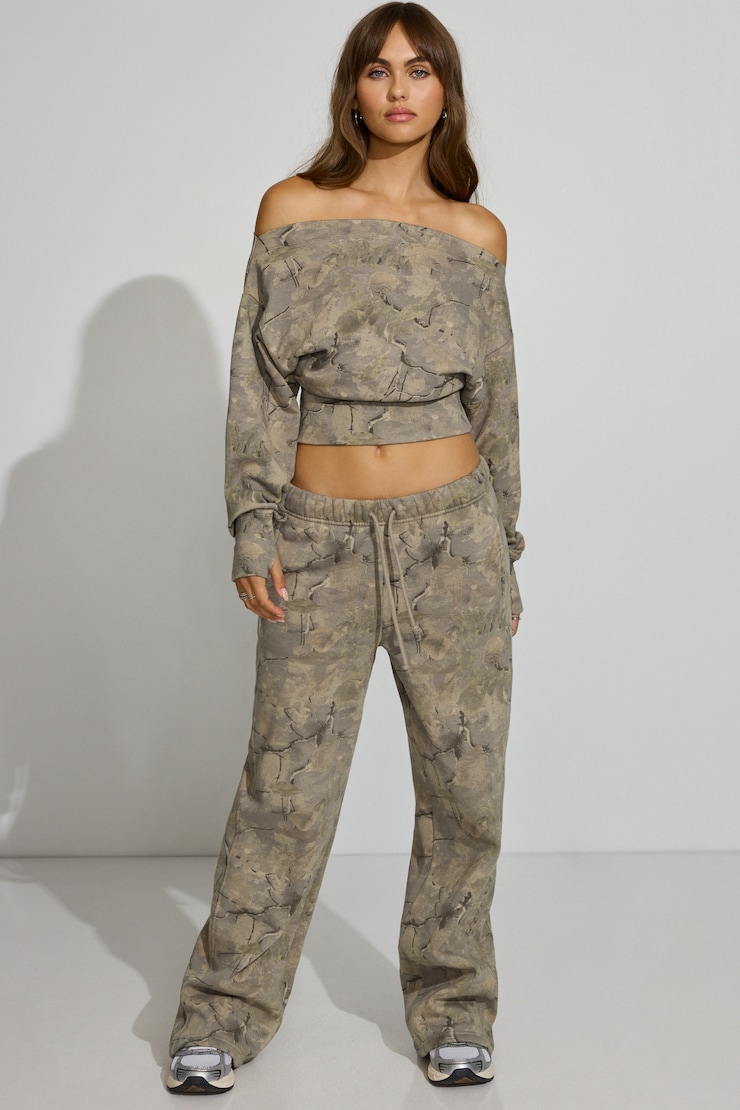 SoftTerry Rib Off Shoulder Sweater, Camo, large