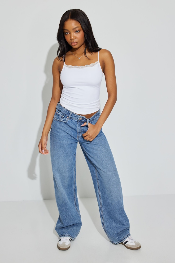 Straight Neck Lace Trim Cami Top White | Garage