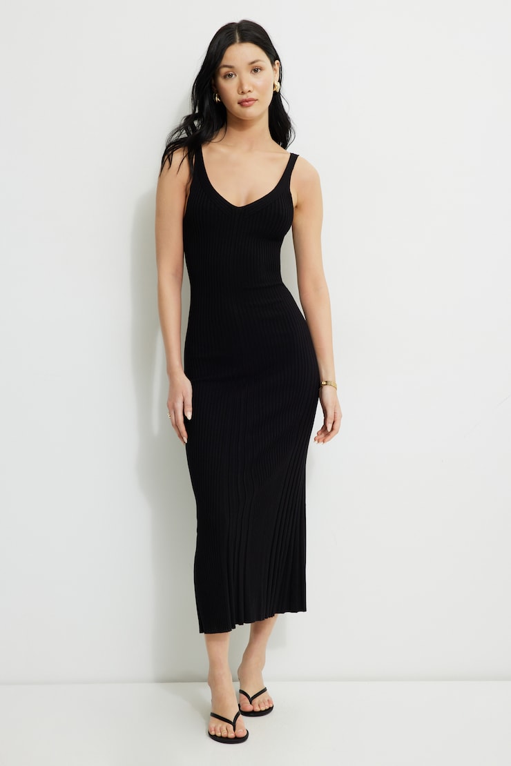 Robe maxi en tricot côtelé à col en V Noir encre large