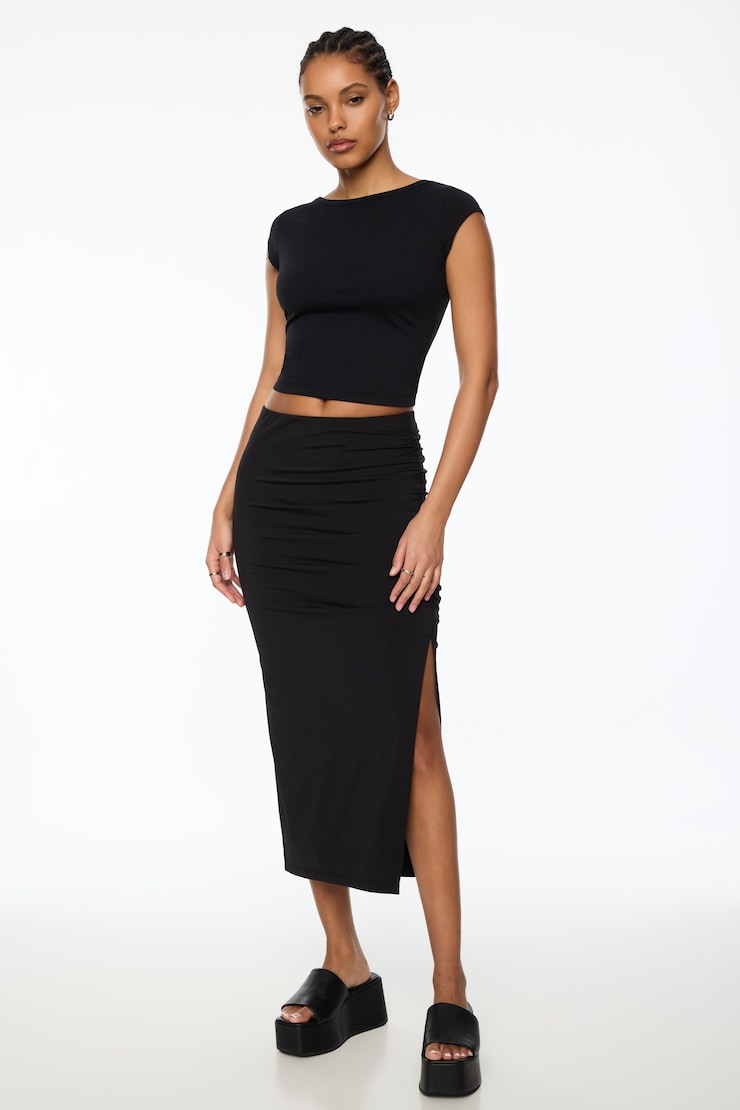Shannen Sculpt Side Ruched Midi Skirt