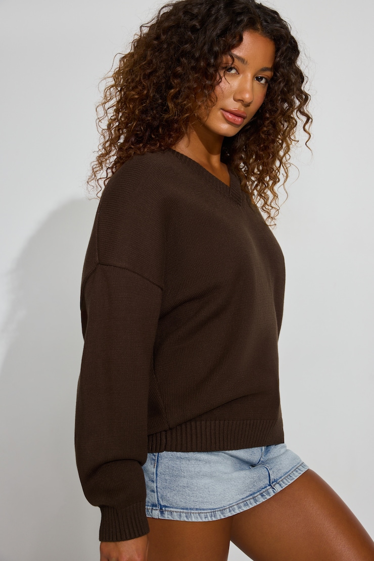 V-Neck Oversized Sweater, Armadillo Brown, large