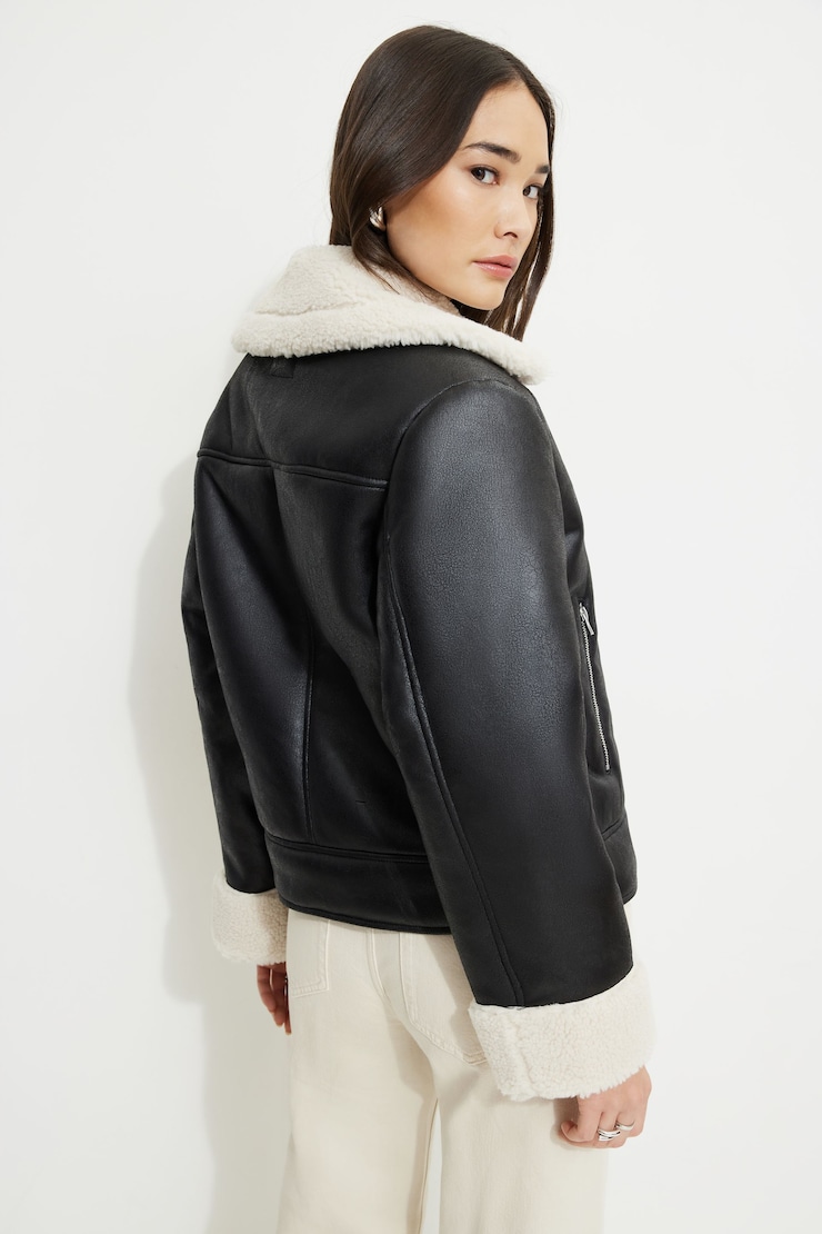 Sherpa Faux Leather Aviator Jacket Jet Black/Rainy Day large