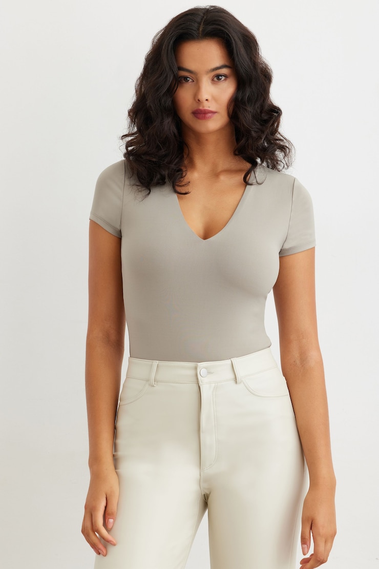 Cassidy Sculpt Short Sleeve V-Neck Bodysuit Vintage Khaki large