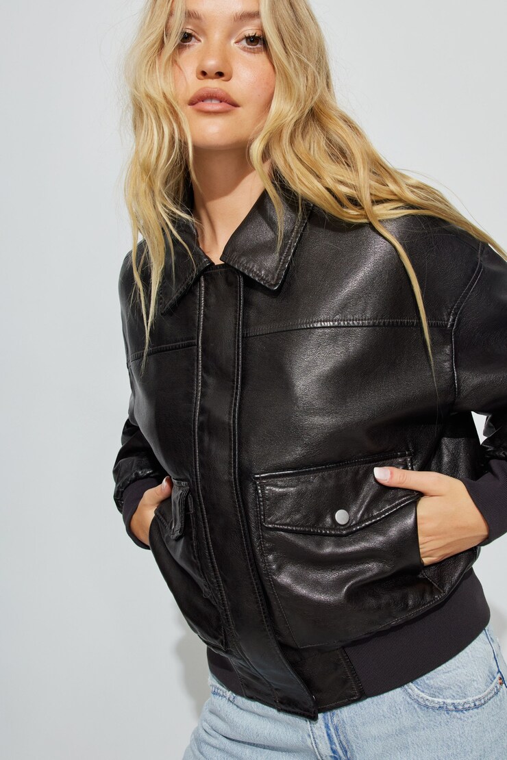 Washed Faux Leather Bomber, Chocolate Plum, large