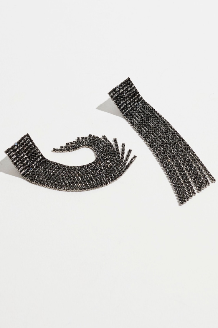 Boucles d’oreilles carrées à franges et pierres du Rhin Noir/argent large