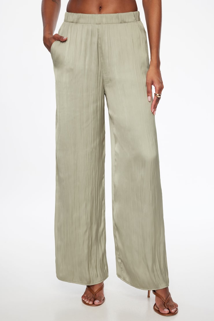 Crinkled Wide Leg Satin Pants Matcha Green large