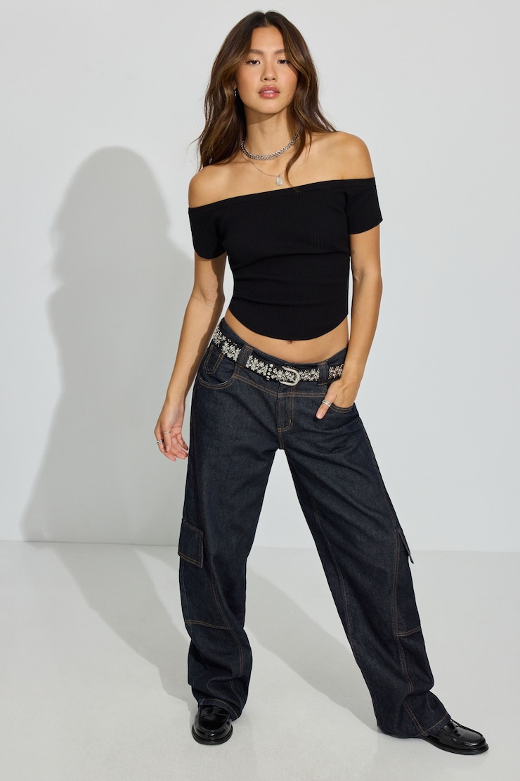 Off Shoulder Short Sleeve Top, Jet Black, large
