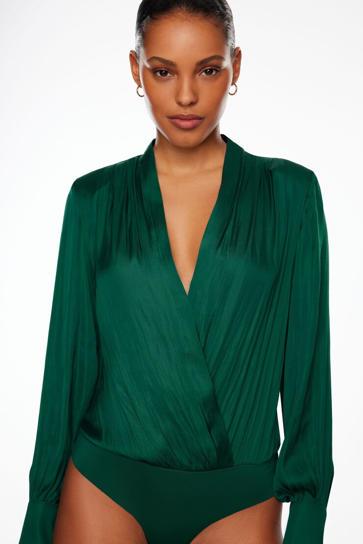 Long Sleeve Satin Wrap Bodysuit Jewel Green large