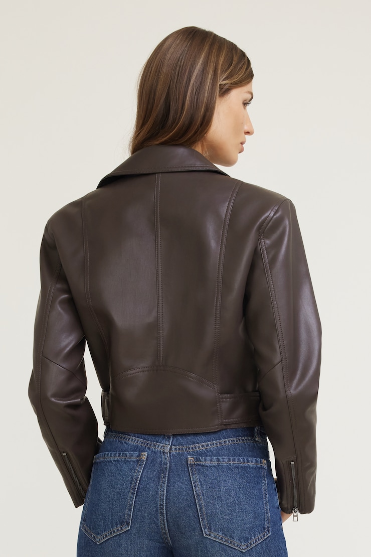 Belted Faux Leather Moto Jacket French Mole Brown large