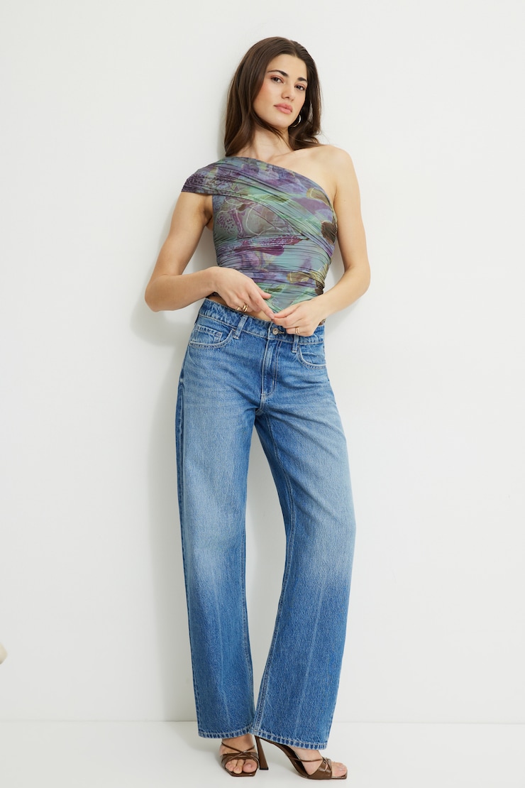 Printed Draped Single Shoulder Top Green & Purple Flower Abstract large