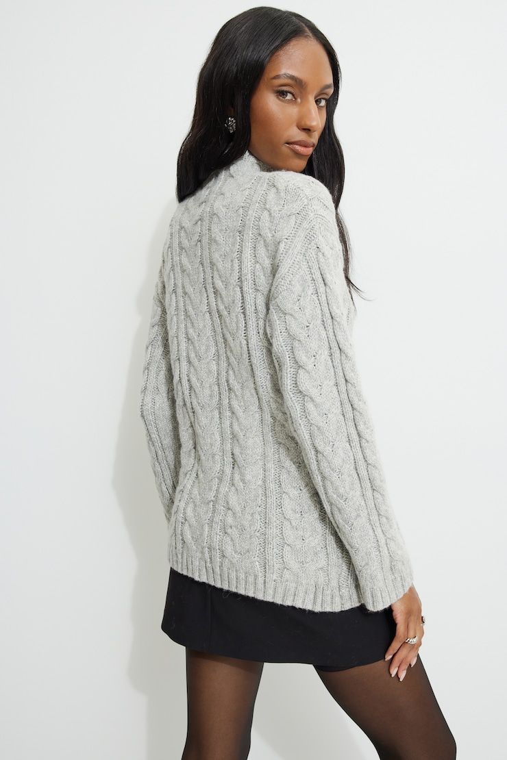 Cable Knit Mock Neck Sweater Gray | Dynamite
