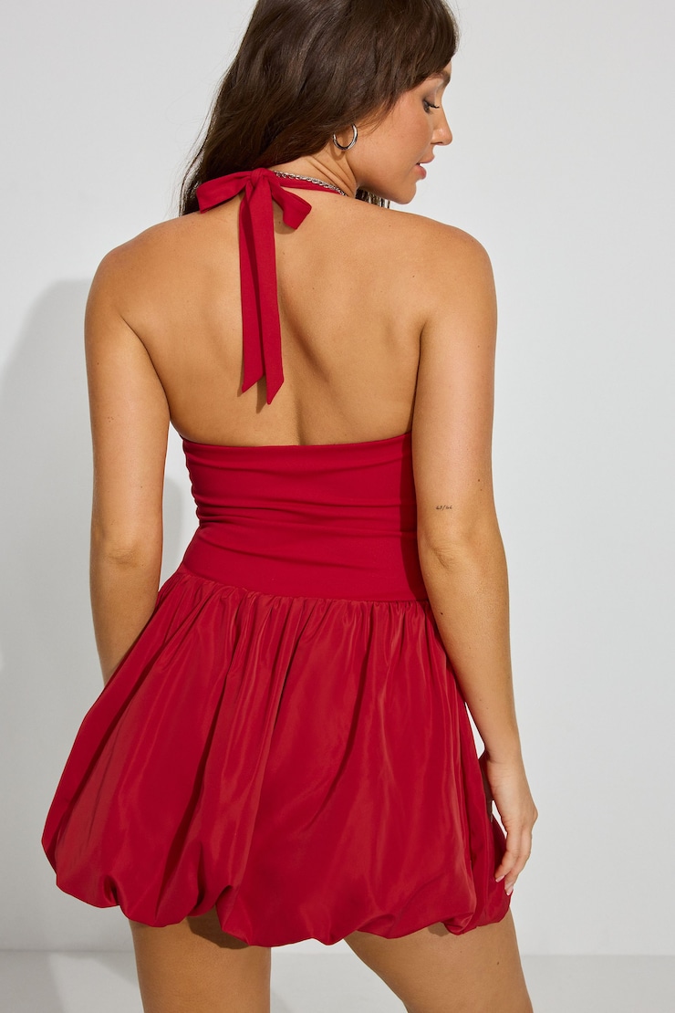 Robe bulle à col licou Alina, Rouge piment chili, large