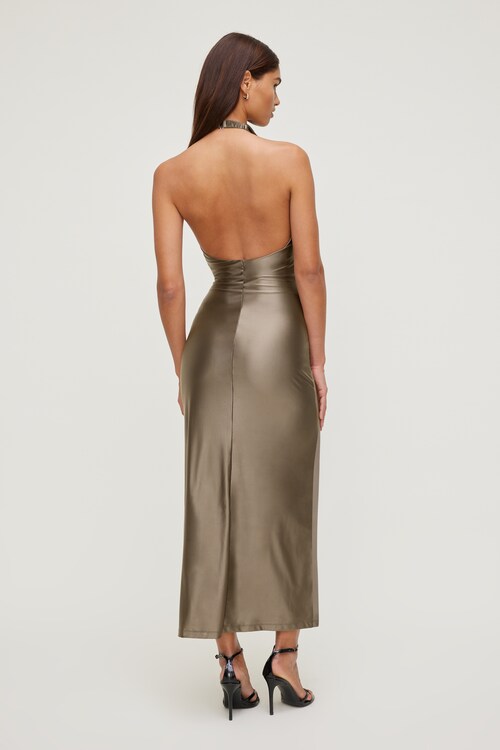 Stretch Satin Halter Maxi Dress Brown | Dynamite